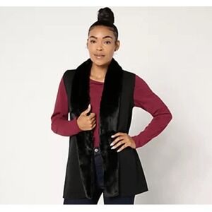 3X Womens Denim & Co Faux Fur Trim Collar Sweater Vest Black Sleeveless
